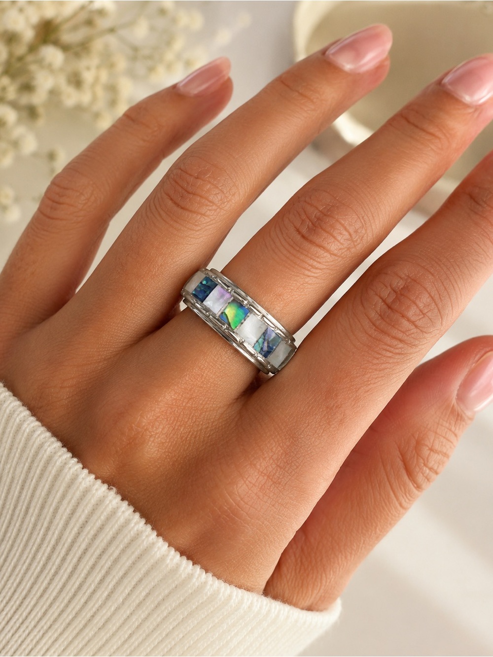 Abalone Mother of Pearl Spinner Ring Silver Tone Boho Band